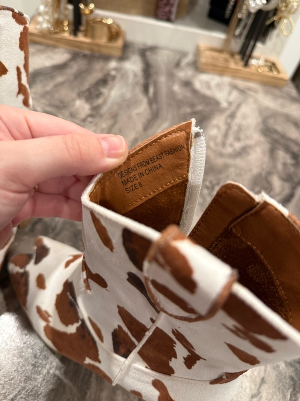 BEAST FASHION Brown & White Cow Print Western Ankle Boots - Picture 8 of 9